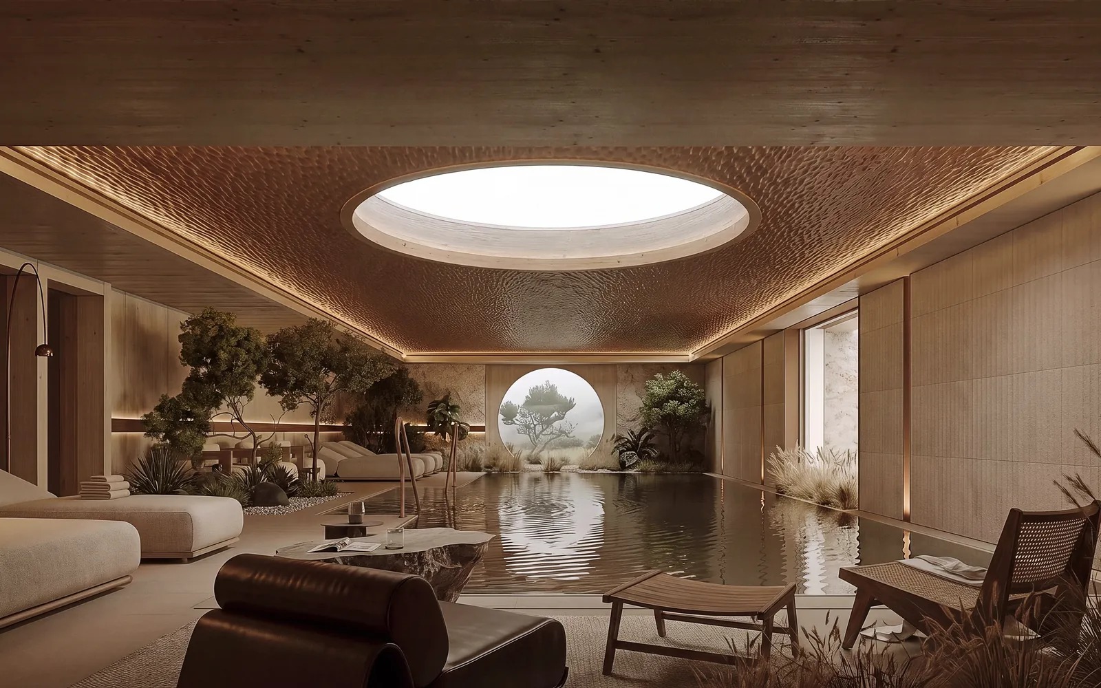 Private indoor spa with a pool under a round skylight